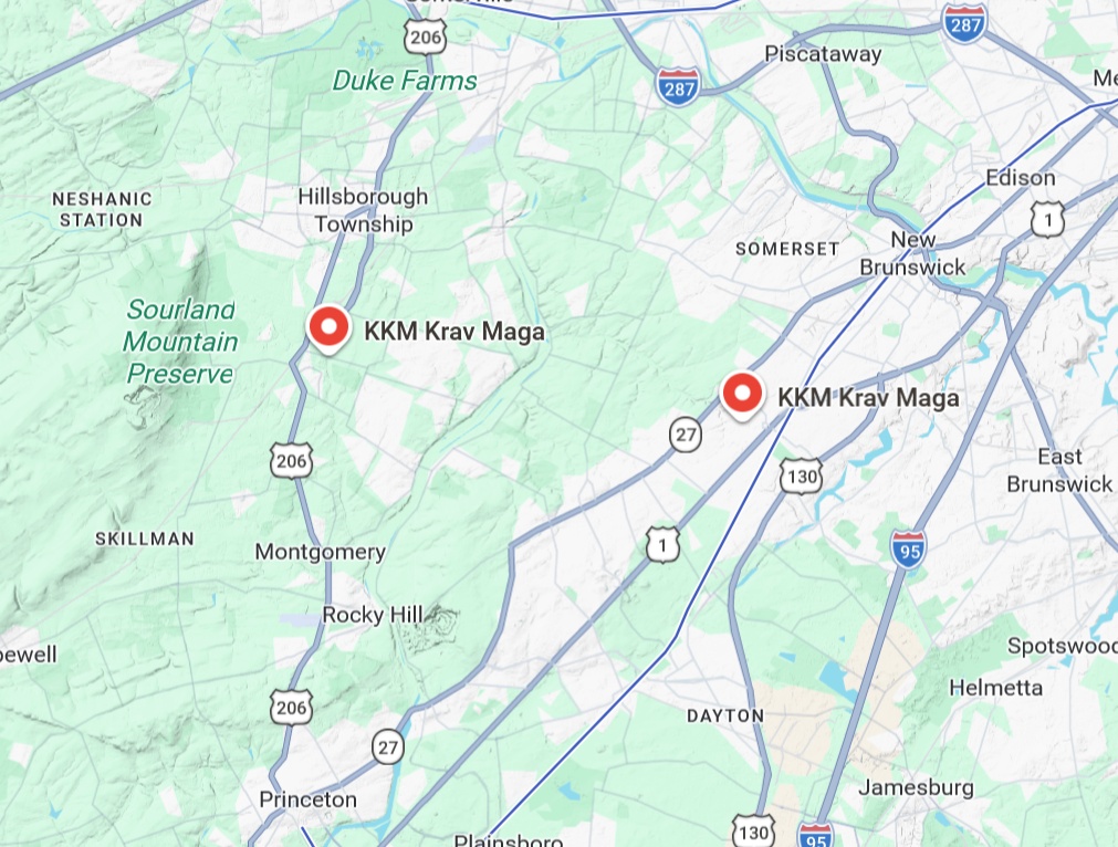 Map showing KKM Krav Maga's Hillsborough and North Brunswick, NJ locations