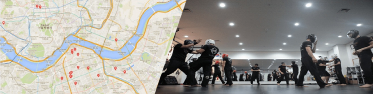 Map of KKM Krav Maga center locations across Seoul, South Korea, alongside a KKM training session